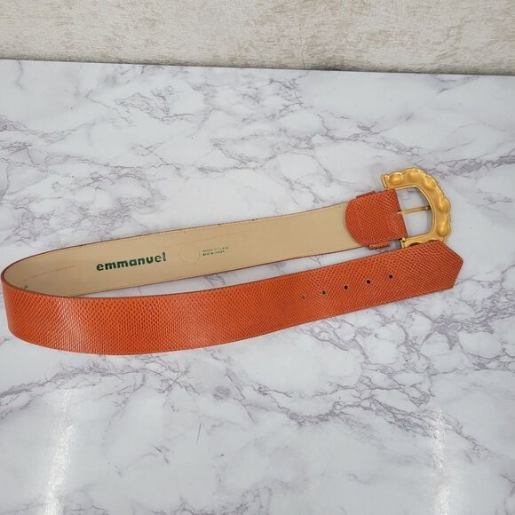 Emmanuel Vintage Oversized Gold Buckle and Deep Coral Lizard Embossed Belt main image 11